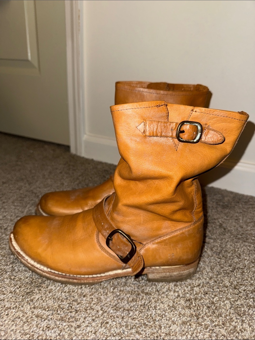 Frye Cognac Leather Buckle Boots